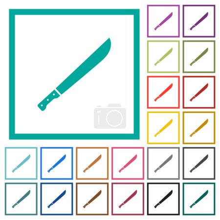 Téléchargez les illustrations : Icônes de couleur plate Machete avec cadres quadrants sur fond blanc - en licence libre de droit