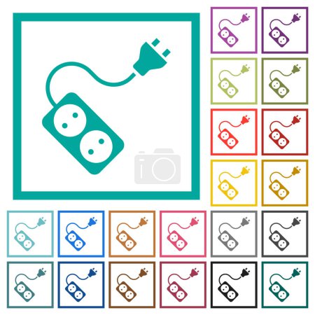Illustration for Portable electrical outlet with two sockets and extension cord and plug solid flat color icons with quadrant frames on white background - Royalty Free Image