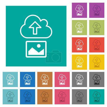Illustration for Upload image to cloud outline multi colored flat icons on plain square backgrounds. Included white and darker icon variations for hover or active effects. - Royalty Free Image