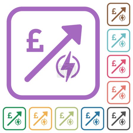 Illustration for Rising electricity energy english Pound prices simple icons in color rounded square frames on white background - Royalty Free Image