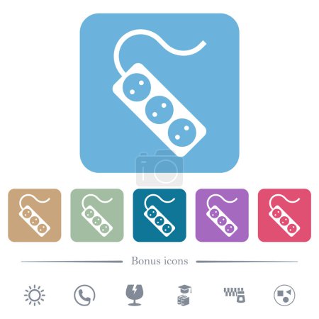 Illustration for Portable electrical outlet with three sockets and cord solid white flat icons on color rounded square backgrounds. 6 bonus icons included - Royalty Free Image