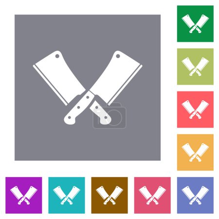 Ilustración de Dos cuchillas de carne cruzada iconos planos sobre fondos cuadrados de color simple - Imagen libre de derechos