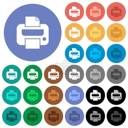 Illustration for Printer solid multi colored flat icons on round backgrounds. Included white, light and dark icon variations for hover and active status effects, and bonus shades. - Royalty Free Image
