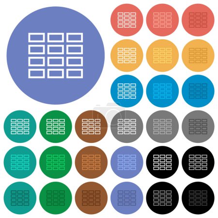 Illustration for Spreadsheet table outline multi colored flat icons on round backgrounds. Included white, light and dark icon variations for hover and active status effects, and bonus shades. - Royalty Free Image