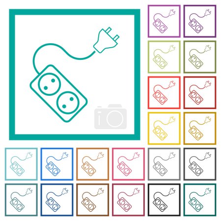 Illustration for Portable electrical outlet with two sockets and extension cord and plug outline flat color icons with quadrant frames on white background - Royalty Free Image