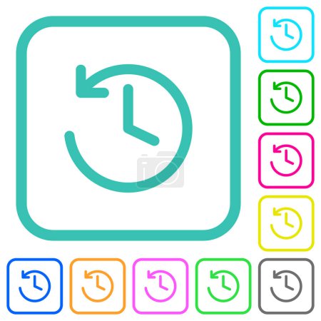 Ilustración de Circle shaped backward arrow and clock vivid colored flat icons in curved borders on white background - Imagen libre de derechos