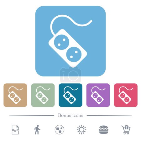 Illustration for Portable electrical outlet with two sockets and cord solid white flat icons on color rounded square backgrounds. 6 bonus icons included - Royalty Free Image
