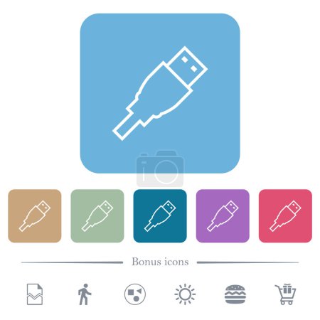 Ilustración de USB plug outline white flat icons on color rounded square backgrounds. 6 bonus icons included - Imagen libre de derechos
