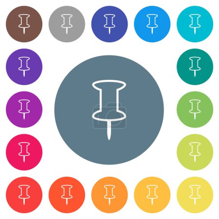 Illustration for Push pin outline flat white icons on round color backgrounds. 17 background color variations are included. - Royalty Free Image