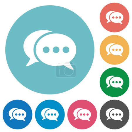 Ilustración de Dos burbujas de chat activas ovaladas iconos blancos planos sólidos sobre fondos de color redondos - Imagen libre de derechos