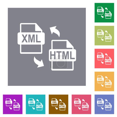 Téléchargez les illustrations : XML HTML conversion de fichiers icônes plates sur fond carré de couleur simple - en licence libre de droit