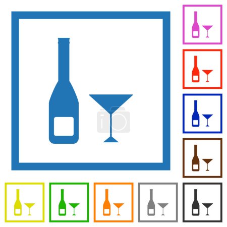 Illustration for Wine bottle and glass flat color icons in square frames on white background - Royalty Free Image