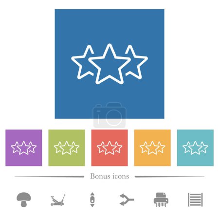 Ilustración de Clasificación de tres estrellas esbozan iconos blancos planos en fondos cuadrados. 6 iconos de bonificación incluidos. - Imagen libre de derechos