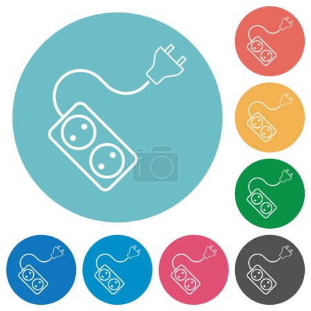 Illustration for Portable electrical outlet with two sockets and extension cord and plug outline flat white icons on round color backgrounds - Royalty Free Image