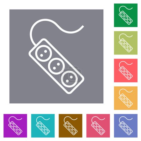 Illustration for Portable electrical outlet with three sockets and cord outline flat icons on simple color square backgrounds - Royalty Free Image