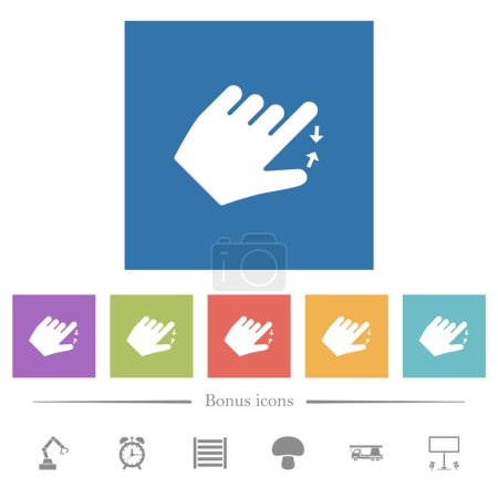 Ilustración de Left handed pinch close gesture flat white icons in square backgrounds. 6 bonus icons included. - Imagen libre de derechos
