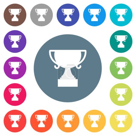 Ilustración de Trofeo taza sólida plana iconos blancos sobre fondos de color redondo. 17 variaciones de color de fondo se incluyen. - Imagen libre de derechos