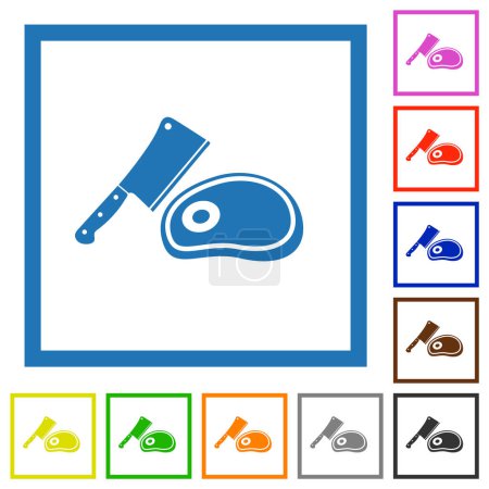 Illustration for Meat cleaver knife and steak flat color icons in square frames on white background - Royalty Free Image