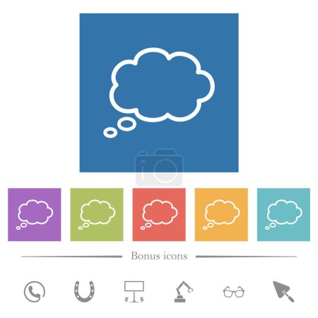 Illustration for Single oval thought cloud outline flat white icons in square backgrounds. 6 bonus icons included. - Royalty Free Image