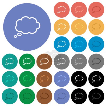 Ilustración de Una sola nube de pensamiento oval esboza iconos planos multicolores sobre fondos redondos. Incluye variaciones de iconos blancos, claros y oscuros para efectos de flotación y estado activo, y tonos de bonificación. - Imagen libre de derechos