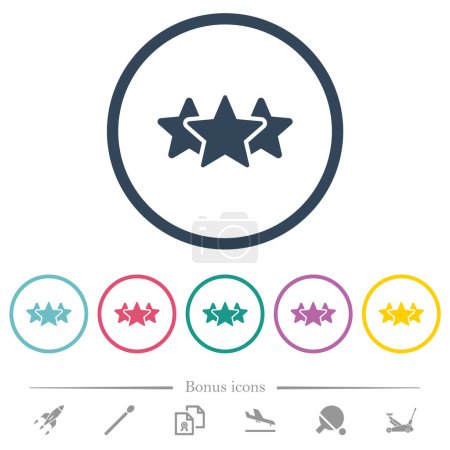 Ilustración de Clasificación de tres estrellas iconos de color plano sólido en contornos redondos. 6 iconos de bonificación incluidos. - Imagen libre de derechos