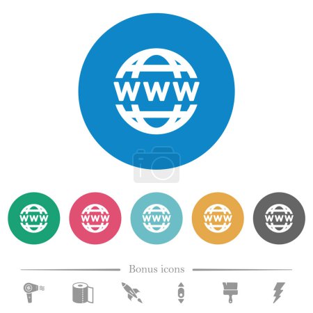 Ilustración de WWW globo plano iconos blancos sobre fondos de color redondo. 6 iconos de bonificación incluidos. - Imagen libre de derechos