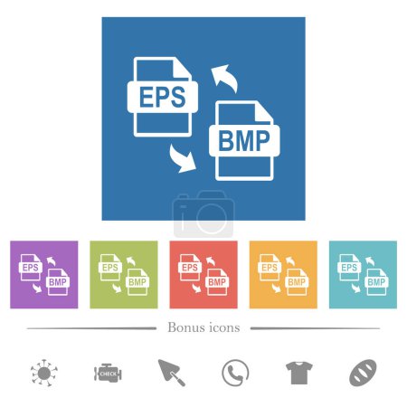 Illustration for EPS BMP file conversion flat white icons in square backgrounds. 6 bonus icons included. - Royalty Free Image
