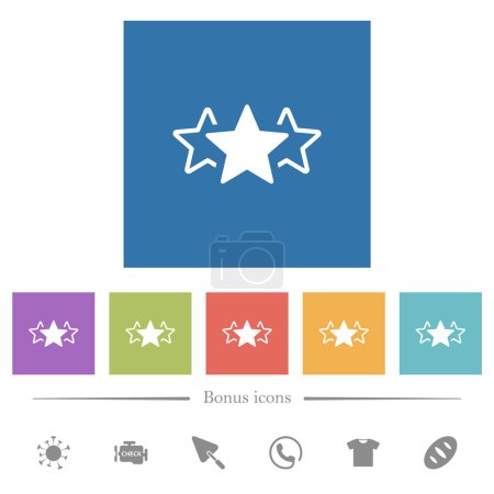 Ilustración de Clasificación de tres estrellas alternan iconos blancos planos en fondos cuadrados. 6 iconos de bonificación incluidos. - Imagen libre de derechos