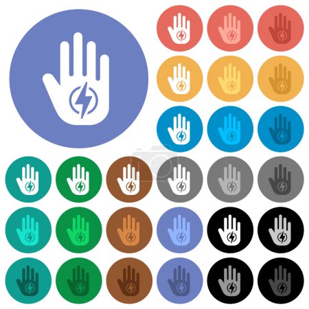 Illustration for Hand shaped electricity energy sanction sign solid multi colored flat icons on round backgrounds. Included white, light and dark icon variations for hover and active status effects, and bonus shades. - Royalty Free Image