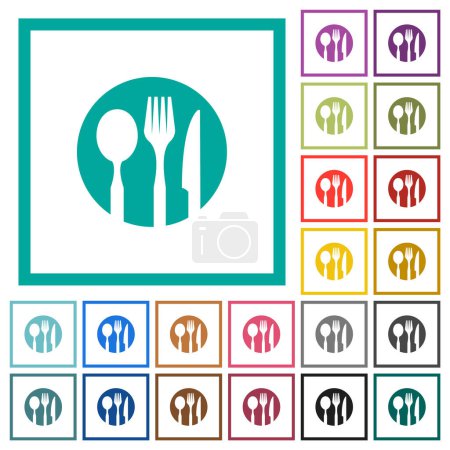 Illustration for Tableware set solid flat color icons with quadrant frames on white background - Royalty Free Image