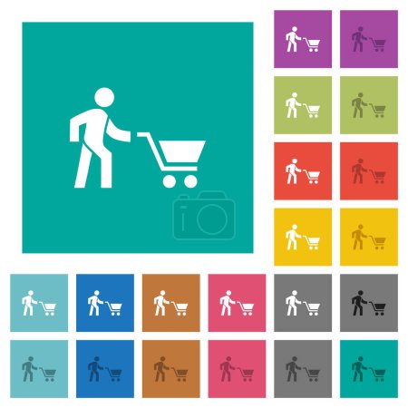 Illustration for Shopping person with cart multi colored flat icons on plain square backgrounds. Included white and darker icon variations for hover or active effects. - Royalty Free Image