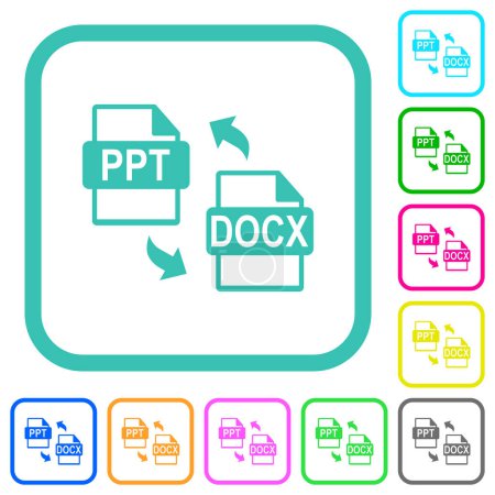 Téléchargez les illustrations : PPT DOCX conversion de fichiers vives icônes plates de couleur dans les bordures incurvées sur fond blanc - en licence libre de droit