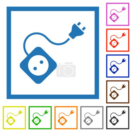 Illustration for Portable electrical outlet with one socket and extension cord and plug solid flat color icons in square frames on white background - Royalty Free Image