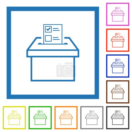 Voting paper and ballot box outline flat color icons in square frames on white background