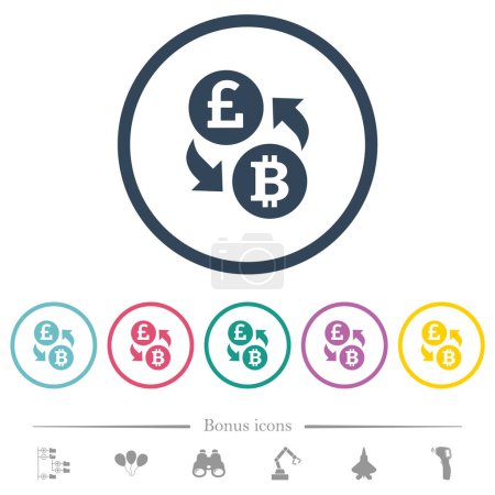 Illustration for Pound Bitcoin money exchange flat color icons in round outlines. 6 bonus icons included. - Royalty Free Image