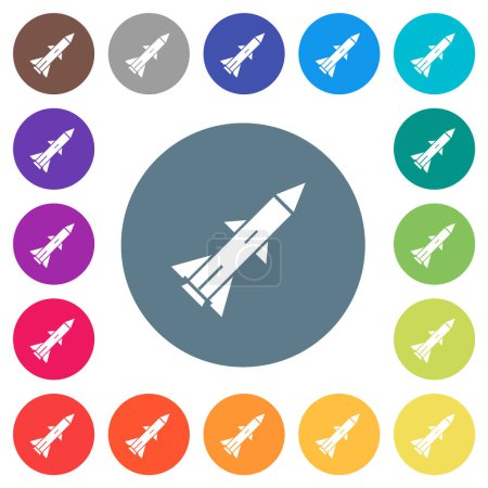 Ilustración de Iconos blancos planos de misiles balísticos sobre fondos de color redondo. 17 variaciones de color de fondo se incluyen. - Imagen libre de derechos
