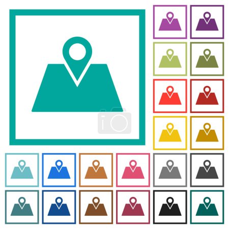 Téléchargez les illustrations : Icônes de couleur plates de planification d'itinéraire GPS avec cadres quadrants sur fond blanc - en licence libre de droit