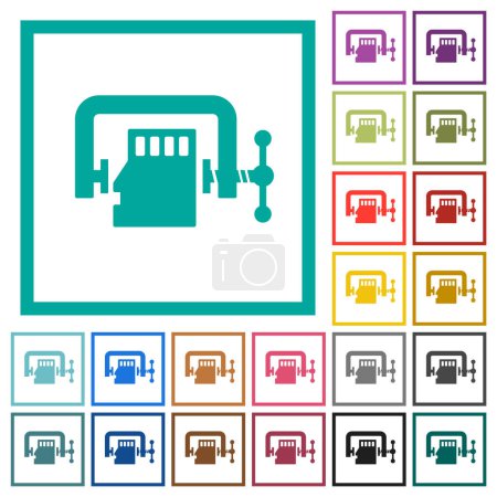 Illustration for Micro sd memory card compress solid flat color icons with quadrant frames on white background - Royalty Free Image
