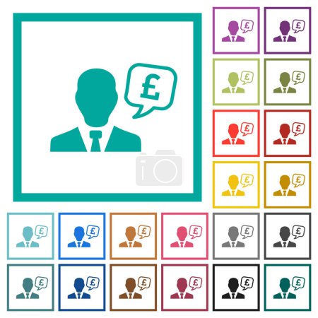 Téléchargez les illustrations : Conseiller financier Livre anglaise icônes de couleur plate avec cadres quadrant sur fond blanc - en licence libre de droit