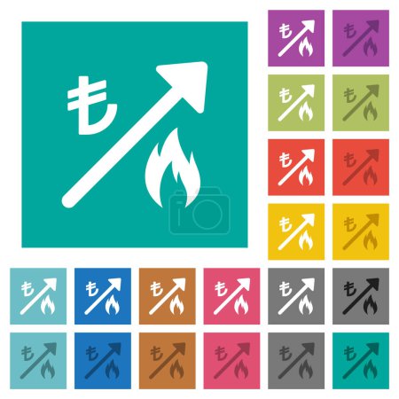Illustration for Rising gas energy turkish Lira prices multi colored flat icons on plain square backgrounds. Included white and darker icon variations for hover or active effects. - Royalty Free Image