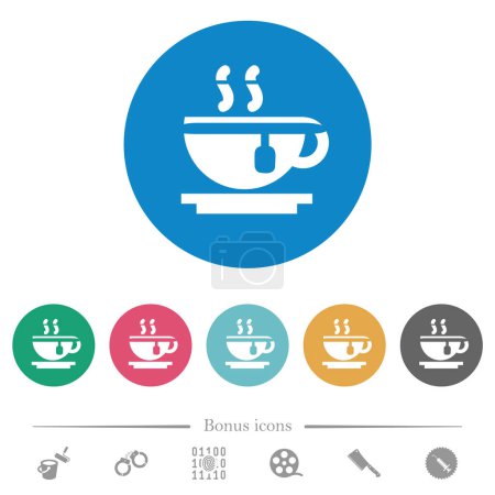 Illustration for Cup of tea flat white icons on round color backgrounds. 6 bonus icons included. - Royalty Free Image