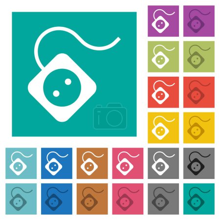 Illustration for Portable electrical outlet with one socket and cord solid multi colored flat icons on plain square backgrounds. Included white and darker icon variations for hover or active effects. - Royalty Free Image