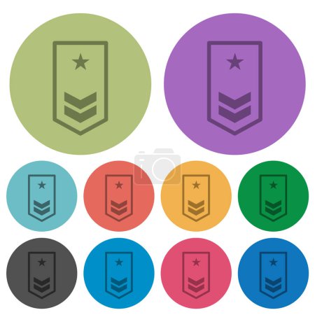 Téléchargez les illustrations : Insigne militaire avec deux chevrons et une étoile plus sombre icônes plates sur fond rond de couleur - en licence libre de droit