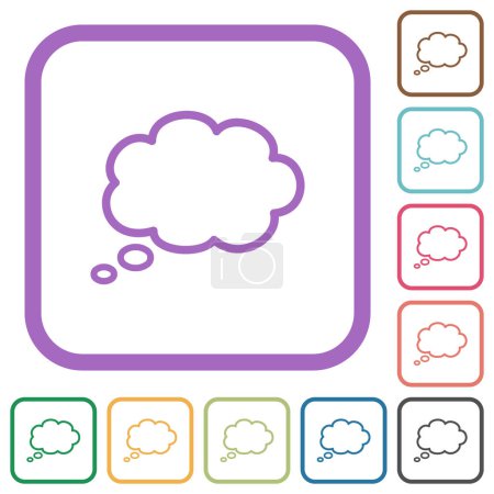 Ilustración de Nube de pensamiento oval único esboza iconos simples en marcos cuadrados redondeados en color sobre fondo blanco - Imagen libre de derechos