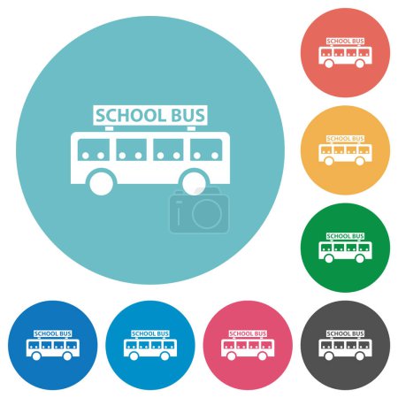 Téléchargez les illustrations : Bus scolaire avec des passagers vue de côté plat icônes blanches sur fond de couleur ronde - en licence libre de droit