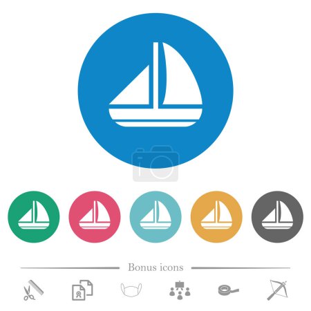 Ilustración de Barco de vela iconos blancos planos sólidos sobre fondos de color redondo. 6 iconos de bonificación incluidos. - Imagen libre de derechos