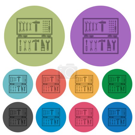 Ilustración de Abrir caja de herramientas iconos planos más oscuros sobre fondo redondo de color - Imagen libre de derechos