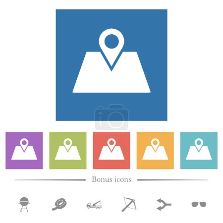 Téléchargez les illustrations : Itinéraire GPS planification des icônes blanches plates dans des milieux carrés. 6 icônes bonus incluses. - en licence libre de droit