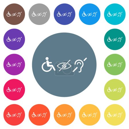 Símbolos de discapacidad iconos blancos planos sobre fondos de color redondo. 17 variaciones de color de fondo se incluyen.