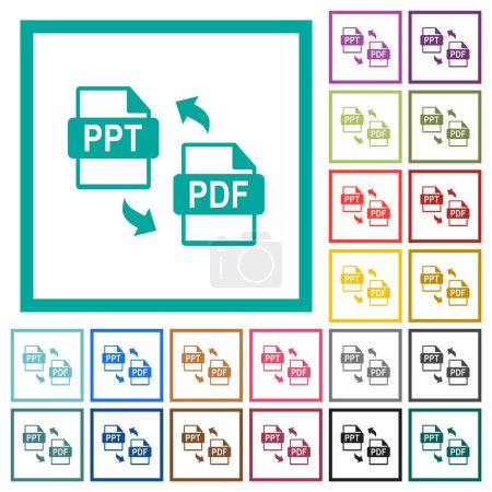 PPT-Konvertierung von PDF-Dateien flache Farbsymbole mit Quadrantenrahmen auf weißem Hintergrund